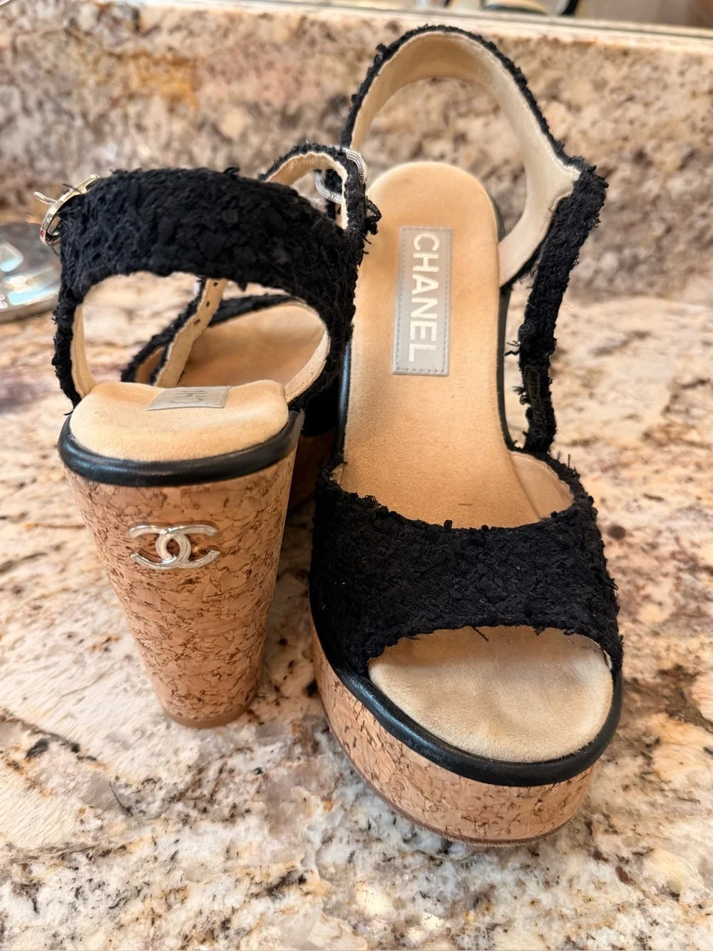 Chanel Cork Wedge platform cork Sandals Tweed CC Logo Slingback Size 38.5